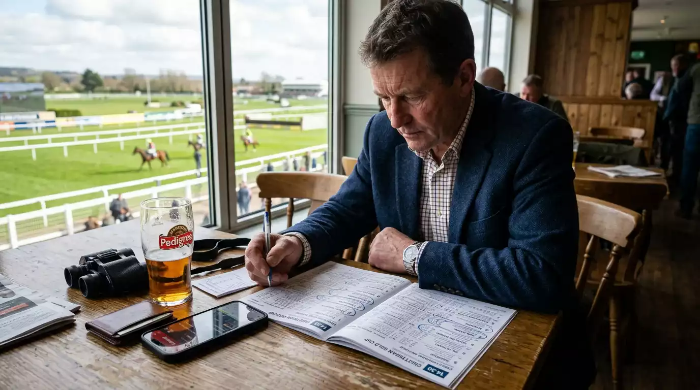 Punter studying a horse racing form guide and racecard before placing an each-way bet
